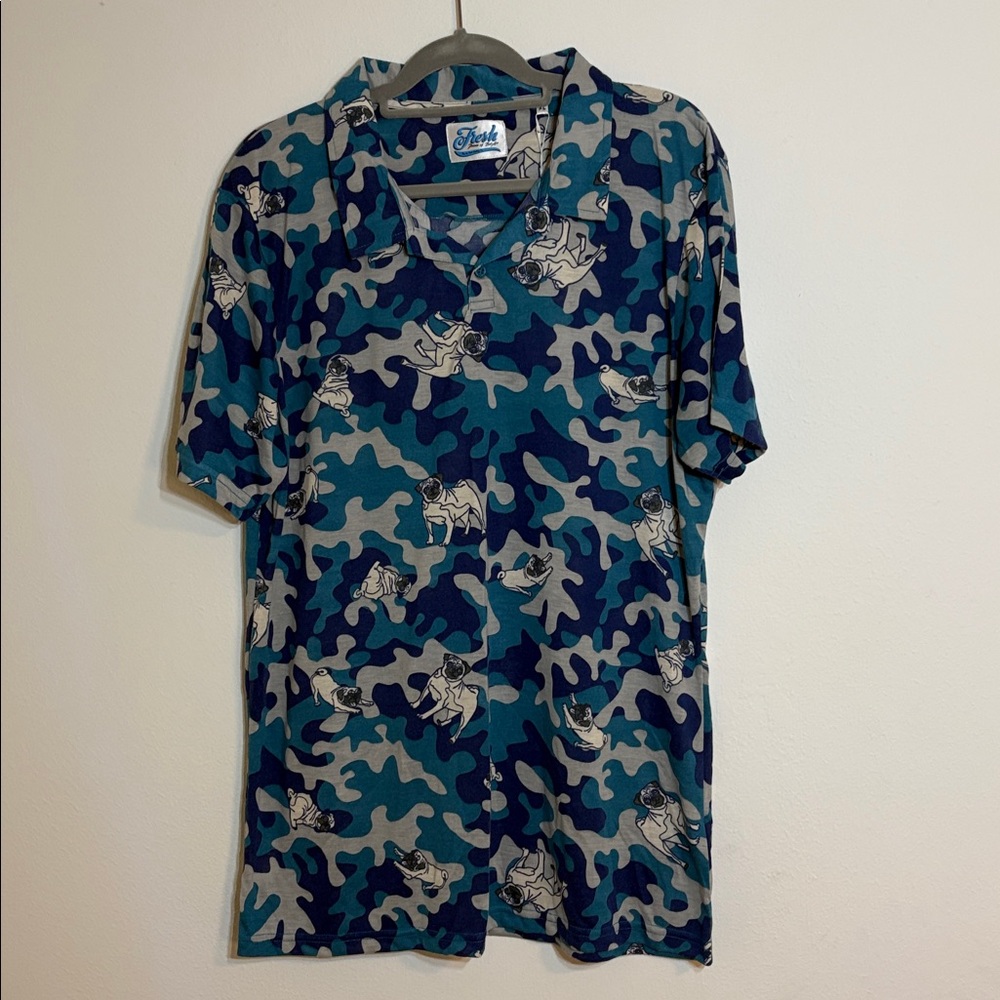 Fresh Prints of Bel-Air Blue Camo Polo Shirt with Pug Dogs Sz XL NWT